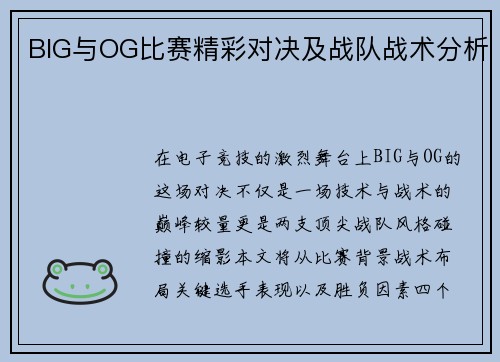 BIG与OG比赛精彩对决及战队战术分析