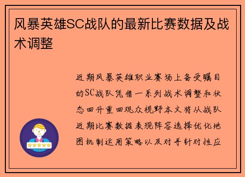 风暴英雄SC战队的最新比赛数据及战术调整